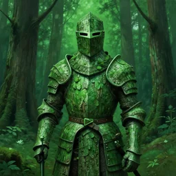 portrait of a knight in the redwood forest, armor made of bark, guard, nature, highly detailed, monochromatic green, concept art, artistic render, vaporwave, matte digital painting