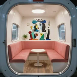 photo of a capsule room, interior, modernist, style of picasso and ghibli