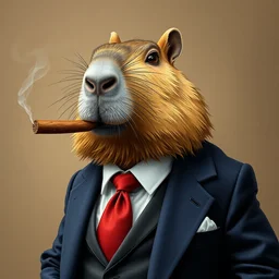 a capybara wearing a business suit and smoking a cigar in his mouth