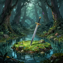 sword stuck in a pond island, rainy enchanted forest of the ancients, moody high exposure, vibrant deep saturated colors, digital painting, concept art, photoshop speedpaint, visual novel