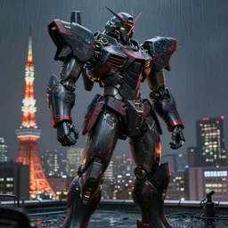 An realistic epic fantastic comic book style portrait painting of a mecha warrior machine by WLOP, black and reddish color armor, cyberpunk feel raining at tokyo rooftop, Concept world Art,  unreal 5, DAZ, hyperrealistic, octane render, cosplay, RPG portrait, dramatic lighting, rim lights