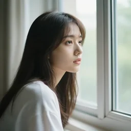 photo of a young woman looking out of a window.