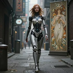ultra realistic, beautiful female cyborg walking down an alley in a megalopolis, sci-fi, intricate details, eerie, highly detailed, octane render, 8k, art by artgerm and alphonse mucha and greg rutkowski