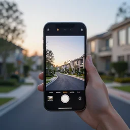 Beautiful cameraphone, soft liminal Photograph of an estate road, early morning, estate-flat