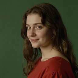 half headshot of a young beautiful woman half turned to the viewer, tired face, almost smiling, young , Pre-Raphaelite, 4k, cinematic, trending on art station, waiting, green and red shades