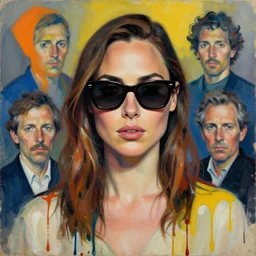 portrait of gal gadot wearing sunglasses, by vincent lefevre and hernan bas and pat steir and hilma af klint, psychological, photorealistic, dripping paint, washy brush, rendered in octane, altermodern, masterpiece