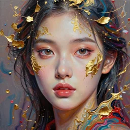 face closeup of beautifull girl in intricate detailed color smashing fluid oilpaint, 3 d render, hyper realistic detailed portrait, gold leaves, by ruan jia - w 7 6 8