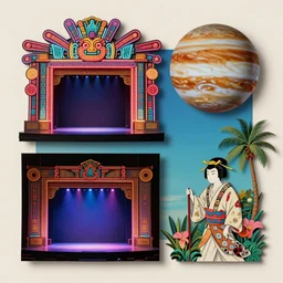 1978 cut out collage, theater stage, neon aztec, dusk on Jupiter, epic kabuki, tropical fish, ancient plants, film noir, in part by Alex Grey, part by Hale Woodruff