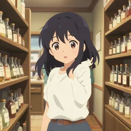 portrait of a young woman in a alchemist's potion shop interior shopping, cute face, dynamic pose and perspective, detailed facial features, anime frames
