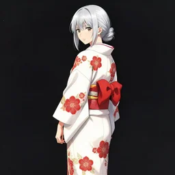beautiful girl, silver hair, white kimono with complex red flower patterns, full body, looking to camera, showing her shoulder from back, ilustration by Takehiko Inoue ((and Krenz Cushart))
