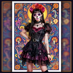 cute punk goth fashion fractal Día de los Muertos girl posing by Zhang Jingna, poster art by Dan Mumford Kilian Eng Hannah Jeffrey Smith Rick Griffin Alphonse Mucha