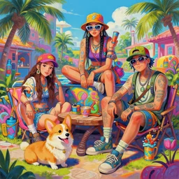 beautiful painting scene of sunny hiphop solarpunk crew summertime chill with corgi, by dao le trong, daniela uhlig, craig mullins, craig davison. trending on artstation, 8 k, masterpiece, graffiti paint, fine detail, full of color, intricate detail, golden ratio illustration