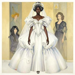 a copic maker art nouveau portrait of a black girl detailed features wearing futuristic wedding dress with a puffy skirt designed by balenciaga by john berkey, norman rockwell akihiko yoshida