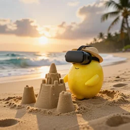 5 0 mm photograph, of a real anthropomorphic lemon cartoon character, long, has lemon skin texture, wearing a hat and vr head, building a sandcastle on the beach at sunset, beach, huge waves, sun, clouds, tropical trees, rim light, cinematic photography, professional, sand, sandcastle, volumetric lightening, pentex k 1 0 0 0