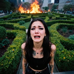 photograph from above of a streetwear mixed woman wearing thick mascara in a brutalist topiary garden, crying, a city on fire in the background, tattoos, dark glitter makeup, Cinestill 50d, 4k, 8k, hd, full color