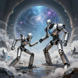 stickman mecharobot, battle each other, metalic silver, stones, crystal, cloud, smoke, wide view, portal to a ancient scifi cyberpunk galaxy, extremely detailed, sharp focus, full body shot, smooth, digital illustration, by, james jean, by rossdraws, frank franzzeta, sakimichan, mcbess, aphonse mucha