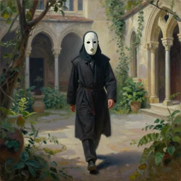 disciple in mask portrait, walking through an ambient light - filled courtyard, morning light, romanesque architecture, chiaroscuro, atmospheric, detailed, lush, fantastical, lowbrow, pop surrealism,, mike davis, pj crook, oil on canvas