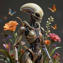 a beautiful intricate fine art portrait photo of an  alien robotic xenomorph surrounded by colorful flowers, leaves and butterflies by tom bagshaw and zach sutton, perfection!, golden ratio composition,  studio lighting, 50mm lens, 3d render, cybernetic scifi, bokeh, artstation, 8K