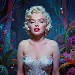 surreal Marilyn Monroe covered in chromatic distortions mysterious place, beautiful, pscychodelic, trending on artstation, artwork by midjorney