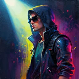a beautiful cyberpunk hacker wearing sunglasses, side portrait, passionate, spotlight, paint drips, paint splatter, vibrant colors, dramatic, canvas texture, futuristic clothing, digital art by marco paludet and gianni strino and marion bolognesi
