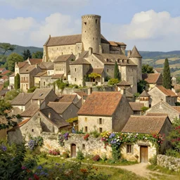 medieval village in the south of France. hyper realistic, very detailed, with flowers on the walls, painting style