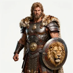 hercules god, wearing tribal ornamented armor, leather armor, wearing fur cape, lion faced shield, full body concept, yellow tone, beksinski, edward hooper, ruan jia