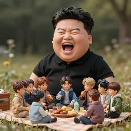 screaming kim jong un doll having a lovely picnic with bts boy band