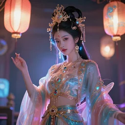 a beautiful cyberpunk oriental deity, neon lanterns, intricate details, soft lighting, by warren louw,