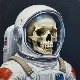 an artistic painting shows a skull wearing a space suit and a rocket helmet. the style of the painting is extremely detailed