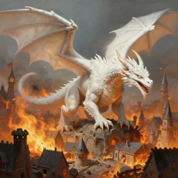 illustration of a white dragon destroying a town with fire, realistic painting, high definition, digital art, matte painting, very detailed, realistic