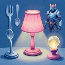game asset of the sims utensils of table lamp and light source, in gouache detailed paintings, props, stylized, 2 d sprites, kitbash, arcane, overwatch, blue and pink color scheme, 8 k, close up