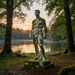a mossy marble statue of Cristiano Ronaldo abandoned in the middle of a forest near a lake at sunset by Ferdinand Knab, concept art, godrays, complementary colors, calm, relaxing, beautiful landscape, highly detailed, high quality, 4k HDR, path tracing, serene landscape, high coherence, soft lighting