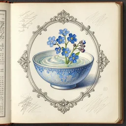 technical drawing of a ointment based on forget me not flowers, beautiful design, baroque adorned, delicate, old book, detailed map, notes, scribbles, old paper