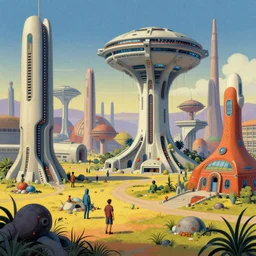 a vibrant scifi art scene by francois schuiten, highly detailed, remodern surrealism, cel - shaded, colored screentone, digitally enhanced.