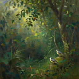 oil painting lanscape by anders zorn, jungle nature, fruit trees, very very very very beautiful art, dramatic light, nuthatch