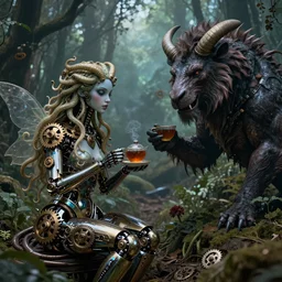 intricate mechanical fairy with visible gears having tea with a cyborg gorgon medusa in a magical forest, having tea with a giant minotaur. Very detailed 8k. Fantasy cyberpunk horror. Sharp. Cinematic post-processing