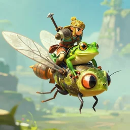 a warrior frog riding a gigantic riding a gigantic fly in breath of the wild