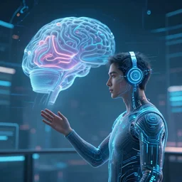 human wearing a machine interface, communicating with the master artificial intelligence permeating everything