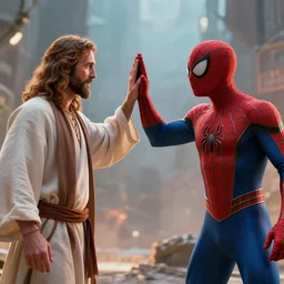 Jesus and spiderman high fiving realistic 4k octane beautifully detailed render, 4k post-processing, highly detailed, intricate complexity, epic composition, magical atmosphere, cinematic lighting, masterpiece, ultra hd