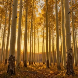 beautiful painting of an Aspen forest at sunset, digital art, award winning illustration, golden hour, smooth, sharp lines, concept art, trending on artstation