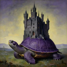 the eternal gothic castle of broken dreams, on top of a giant violet turtle, by magritte, dali, breton, masterpiece, symbolism, surrealism, landscape, oil on canvas, 8 k