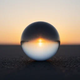 a perfect translucent sphere laying on a flat black surface a sunset, photo realistic