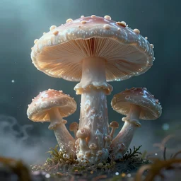 mycelium growing into a mushroom, 3 d render in octane, glossy, fractals, beautiful lighting, fog, depth, under water, ernst haeckel
