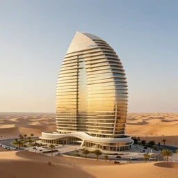 biophilic skyscraper hotel in the desert, high detaild, realistic, golden ratio