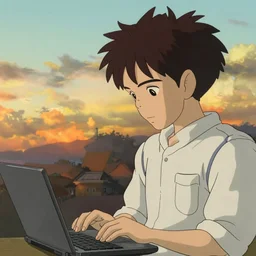 guy with black hair using a laptop, tan skin, looking down, art by hayao miyazaki, studio ghibli film, twitter pfp sunset