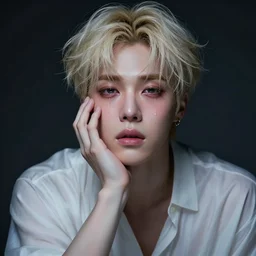wide angle full body portrait of Park Jimin as Antinous, dramatic photography, dramatic facial expression, tears, hand on his cheek, soft skin, soft blush, intricate, ethereal, highly detailed, high resolution, 8K resolution, sharp focus, Unreal engine 5, smooth, art by J. C. Leyendecker