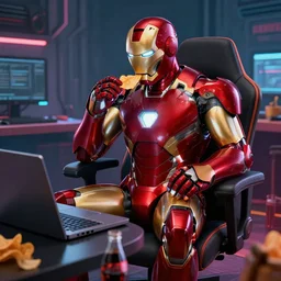 iron man sit on chair hold chips in his hand and eats chips in front of laptop in detailed gamer room, coke and chips on table, cyberpunk concept art, trending on artstation, highly detailed, digital art, 8 k