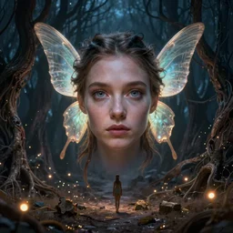 a stunning ultra detailed fantasy fine art photo of a fairy with glowing wings in a barren sinuous forest surrounded by fireflies, by tomasz alen kopera and anna dittman, night, very detailed, perfect eyes and face, deep depth of field, 3 5 mm lens, soft lighting, artstation, highly coherent, 8 k