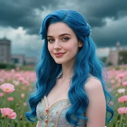 medium close up portrait of young woman, vibing, regal dress, soft smile, blue long haired elegant model, female, storm clouds, poppies, in fantasy city, teal and pink color palette, photo by annie liebovitz and roger deakins, detailed c