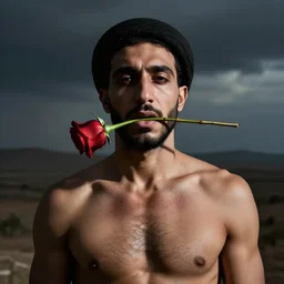 al-Zawahiri shirtless with a rose in his mouth in the style of Nicoletta Ceccoli